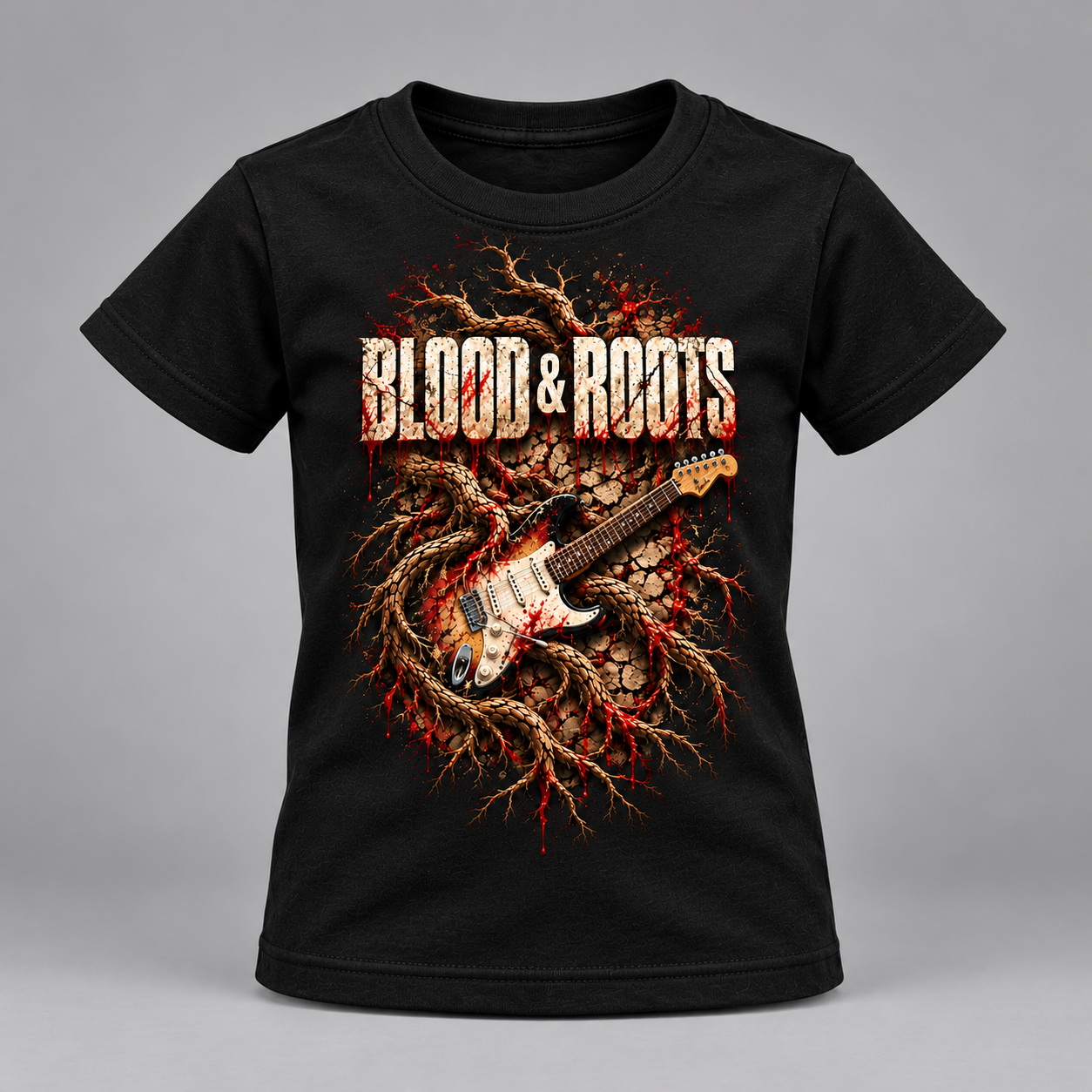 Blood & Roots kids' black T-shirt with the band logo, bleeding roots and a sunburst guitar