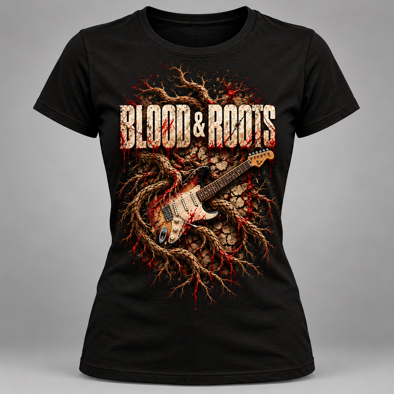 Blood & Roots women's black T-shirt with the band logo, bleeding roots and a sunburst guitar